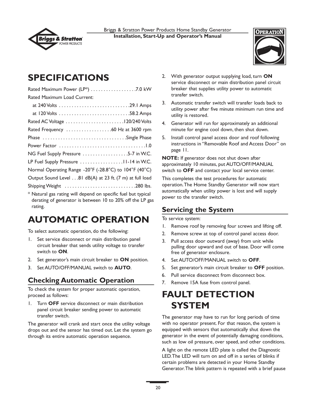 Briggs & Stratton 01897-0 manual Specifications, Automatic Operation, Fault Detection System, Servicing the System 