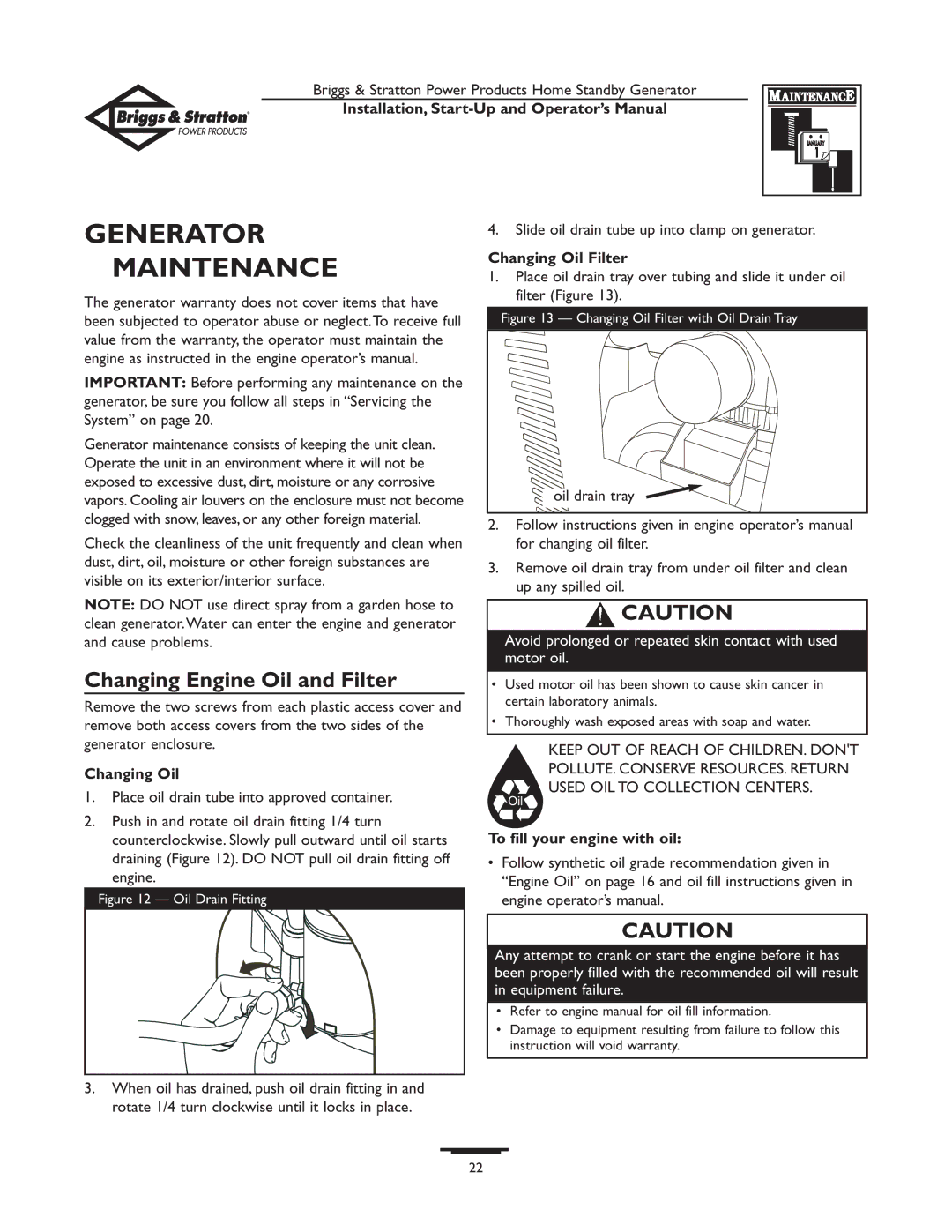 Briggs & Stratton 01897-0 manual Generator Maintenance, Changing Engine Oil and Filter, Changing Oil Filter 