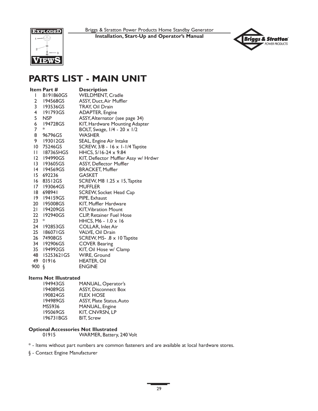 Briggs & Stratton 01897-0 Parts List Main Unit, Description, Items Not Illustrated, Optional Accessories Not Illustrated 