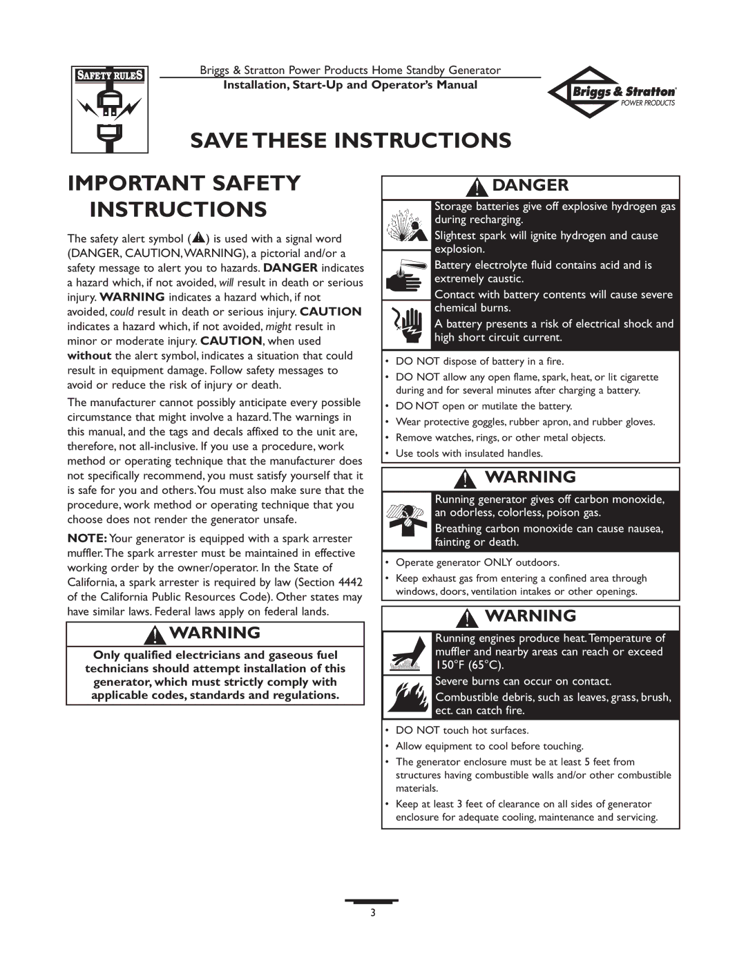 Briggs & Stratton 01897-0 manual Important Safety Instructions, Do not dispose of battery in a fire 