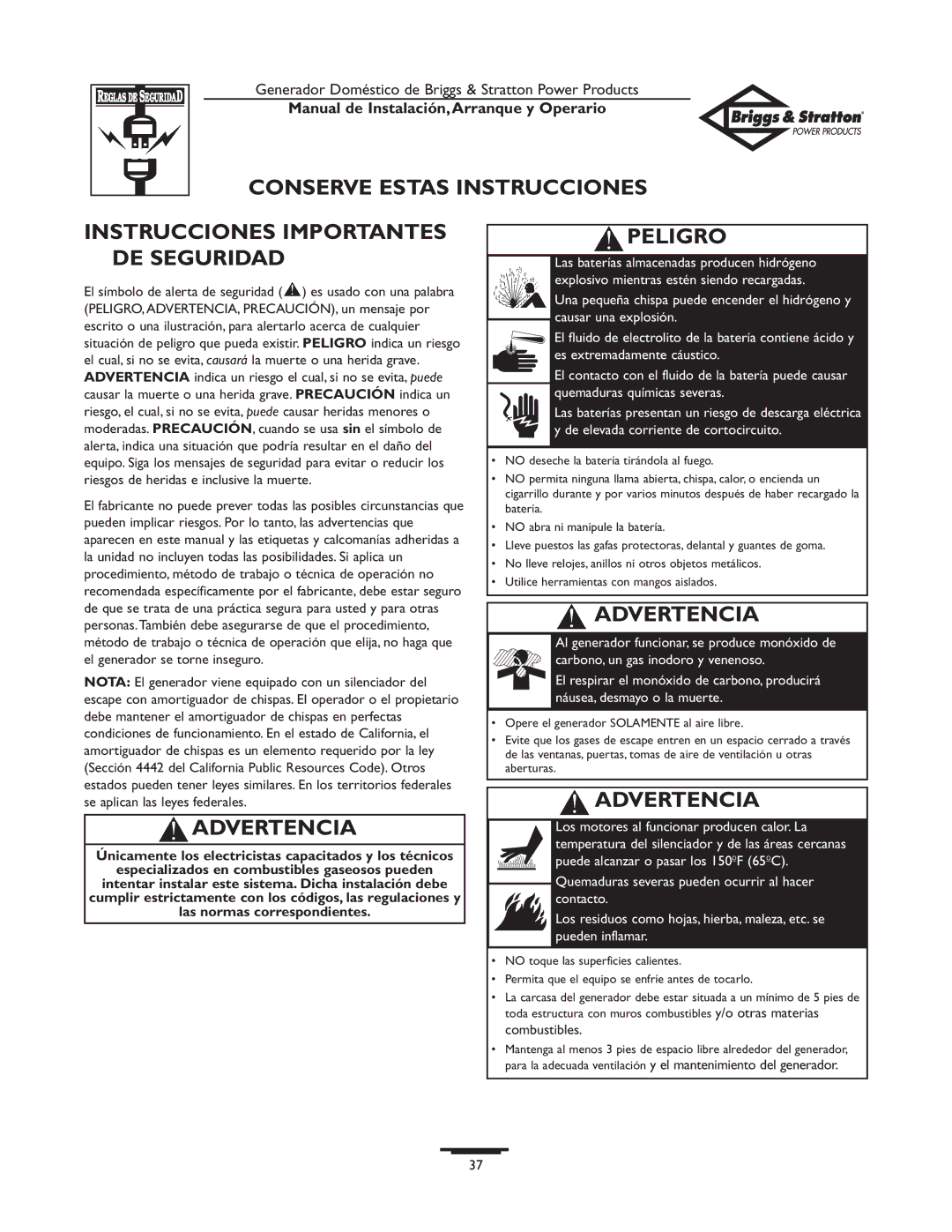 Briggs & Stratton 01897-0 manual Advertencia, Peligro 