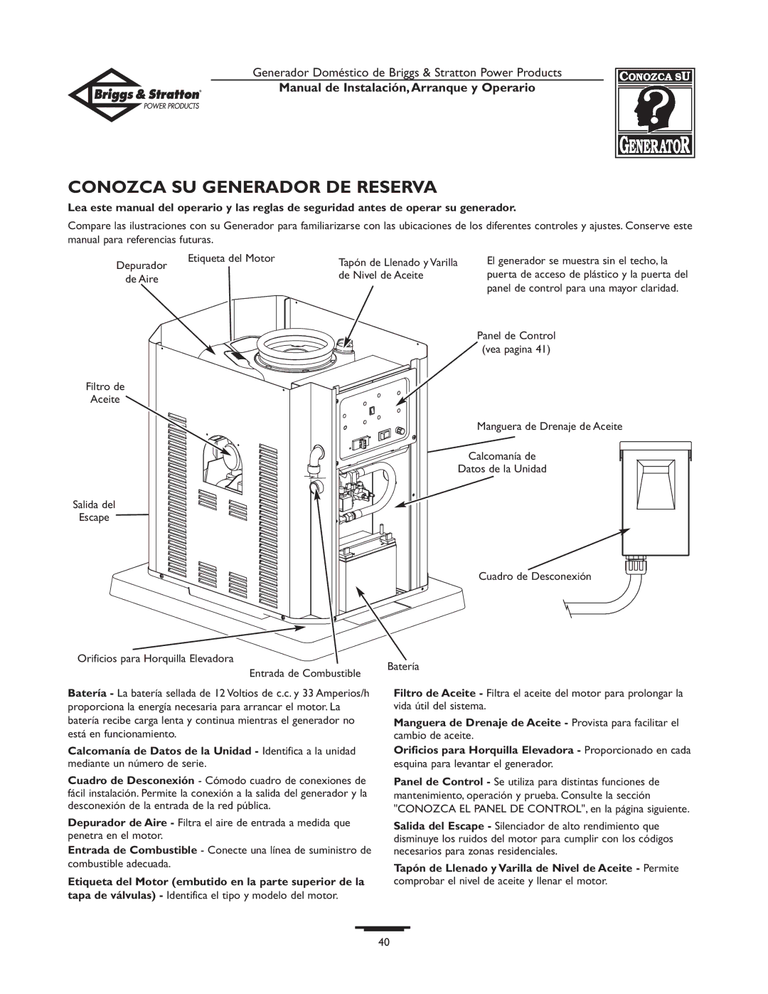 Briggs & Stratton 01897-0 manual Conozca SU Generador DE Reserva, Etiqueta del Motor Tapón de Llenado y Varilla 