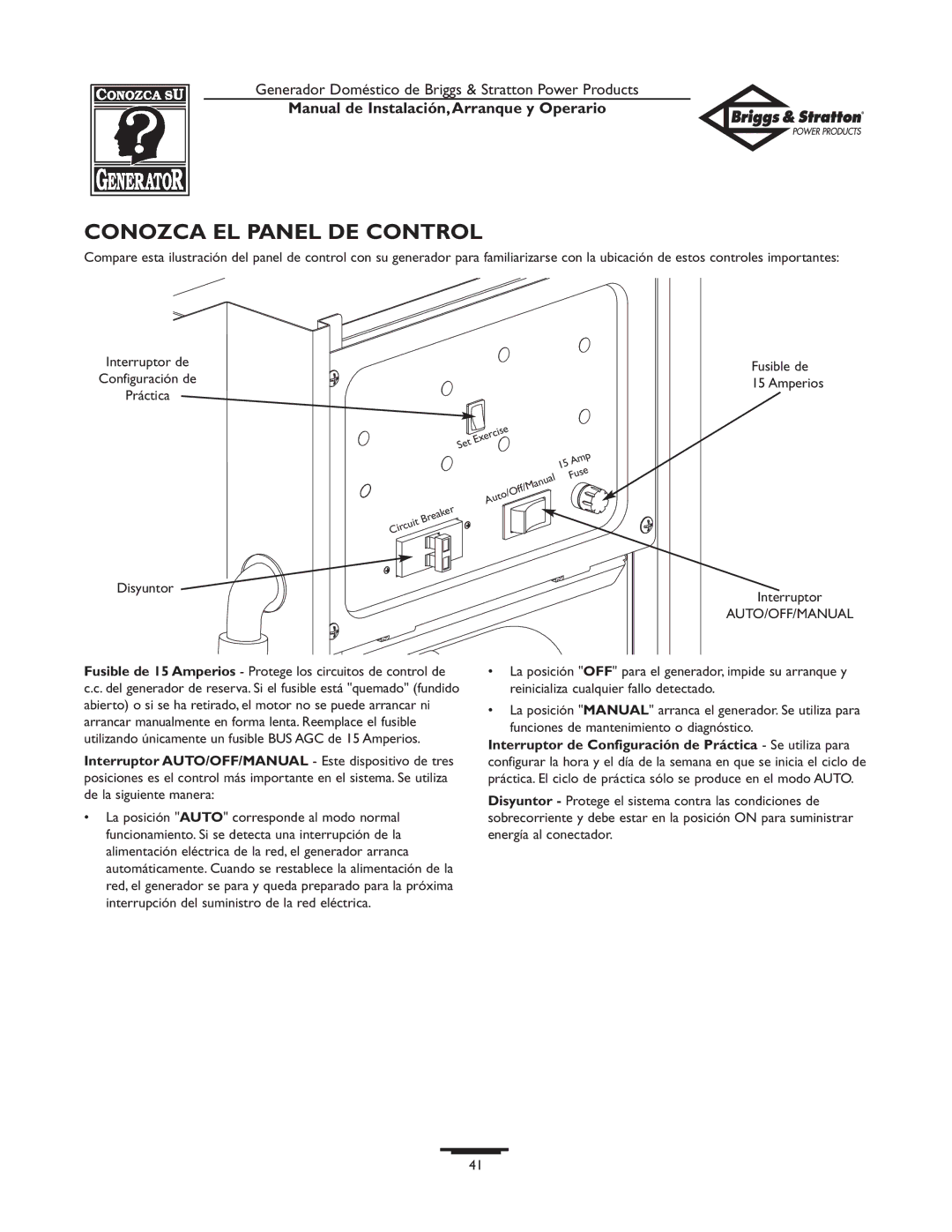 Briggs & Stratton 01897-0 manual Conozca EL Panel DE Control, Fusible de, Disyuntor Interruptor 