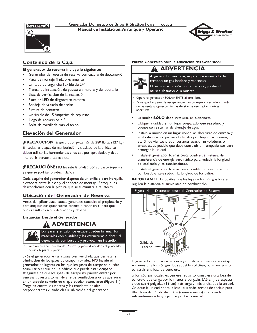 Briggs & Stratton 01897-0 manual Contenido de la Caja, Elevación del Generador, Ubicación del Generador de Reserva 