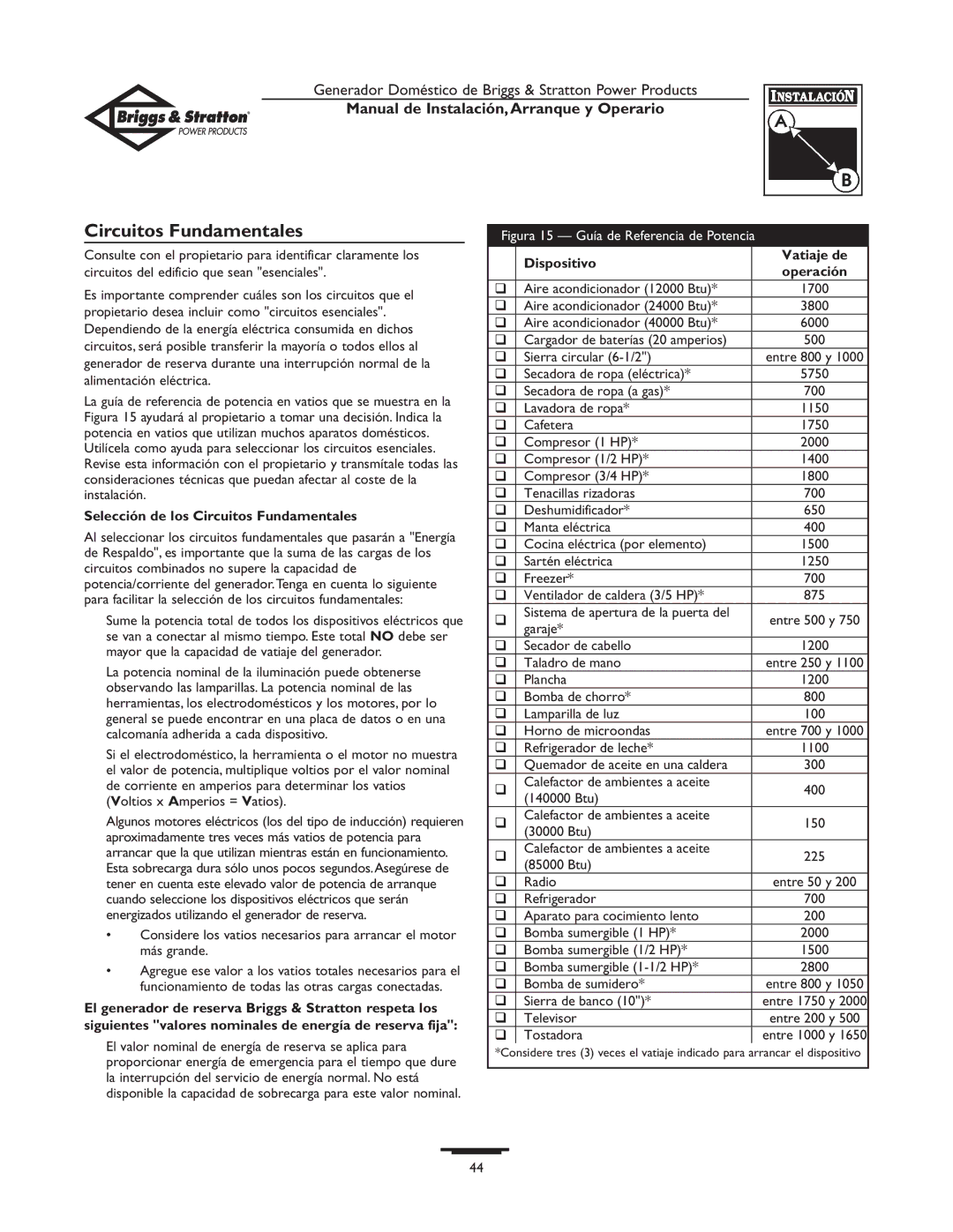 Briggs & Stratton 01897-0 manual Selección de los Circuitos Fundamentales, Dispositivo Vatiaje de 