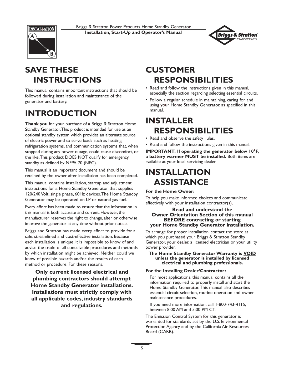 Briggs & Stratton 01897-0 Save These Customer Instructions Responsibilities, Introduction, Installer Responsibilities 