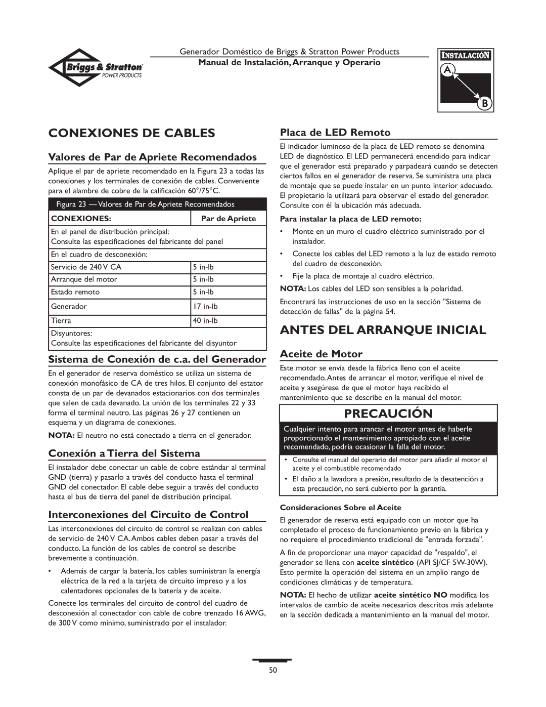 Briggs & Stratton 01897-0 manual Conexiones DE Cables, Antes DEL Arranque Inicial 