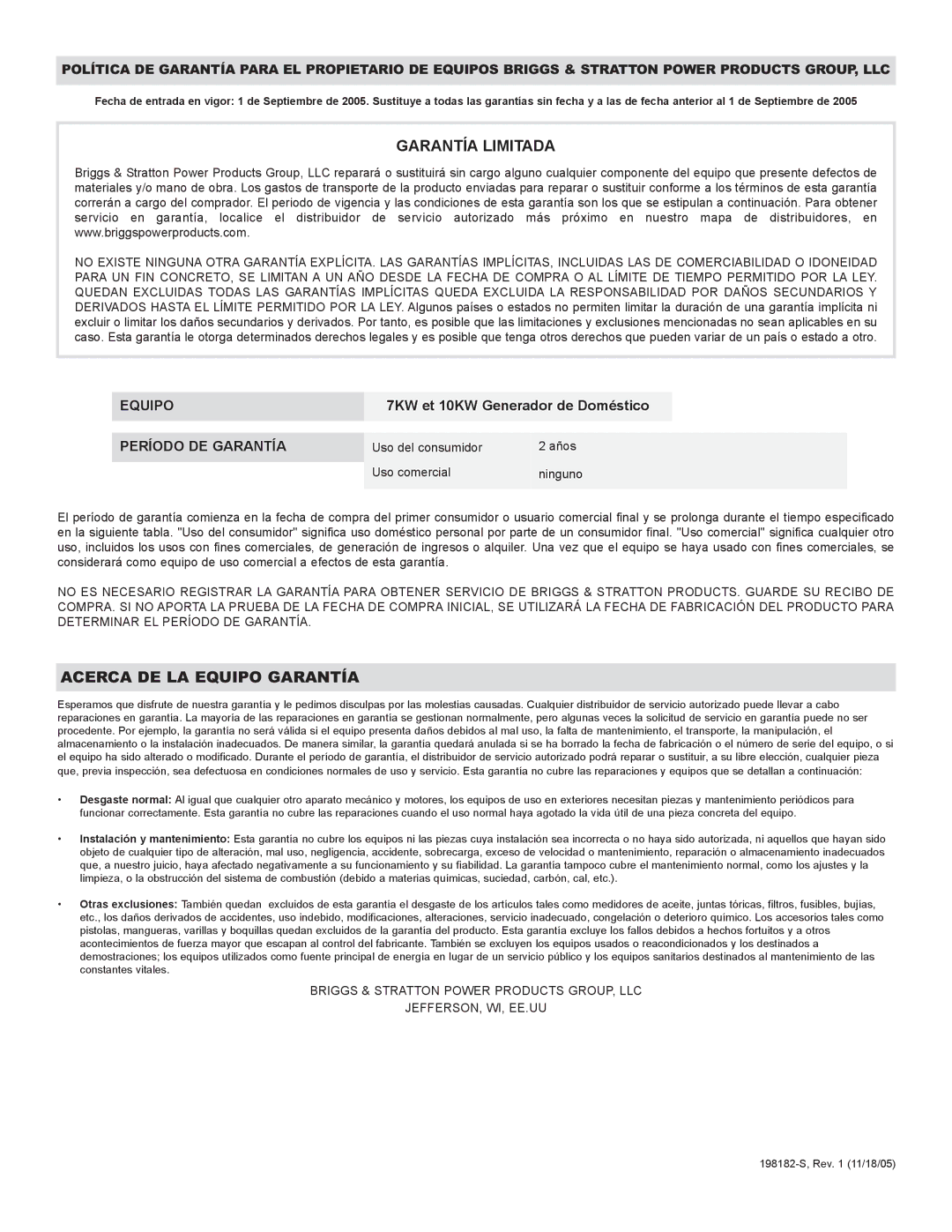 Briggs & Stratton 01897-0 manual Garantía Limitada, 7KW et 10KW Generador de Doméstico 