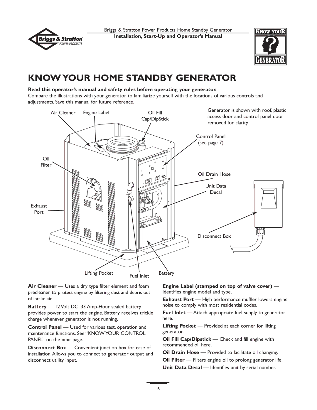 Briggs & Stratton 01897-0 manual Know Your Home Standby Generator, Oil Fill, Battery 