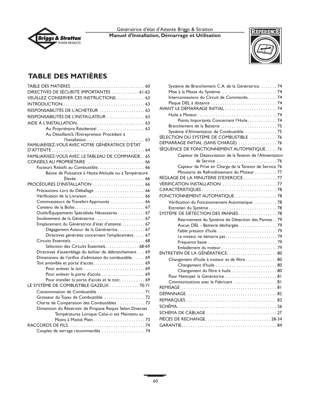 Briggs & Stratton 01897-0 Table DES Matières, Manuel dInstallation, Démarrage et Utilisation, Fonctionnement Automatique 