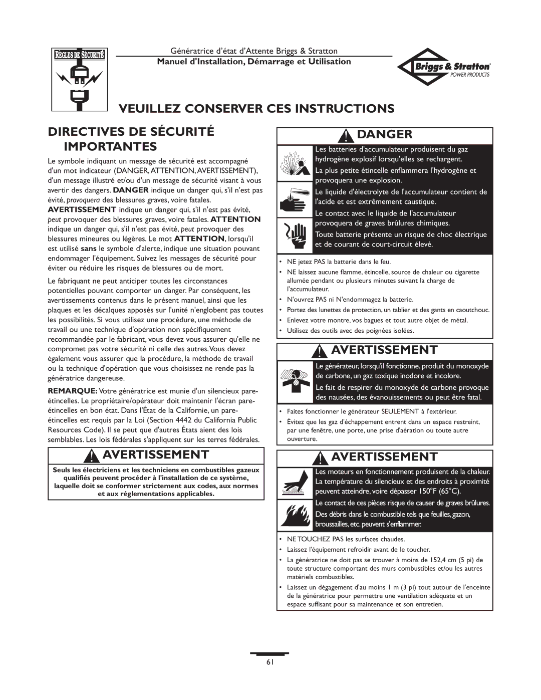 Briggs & Stratton 01897-0 manual Avertissement 