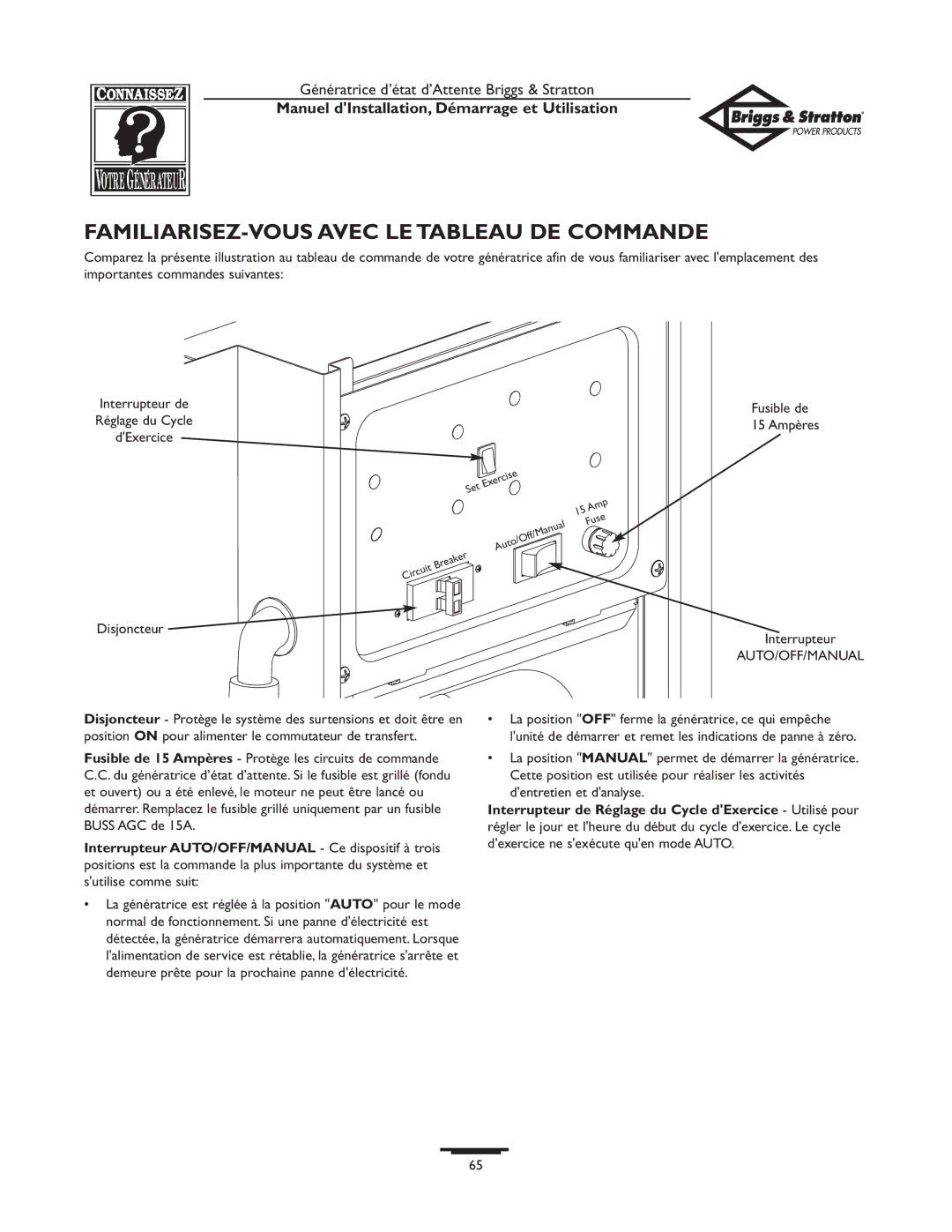 Briggs & Stratton 01897-0 manual FAMILIARISEZ-VOUS Avec LE Tableau DE Commande, 15 Ampères, Disjoncteur Interrupteur 