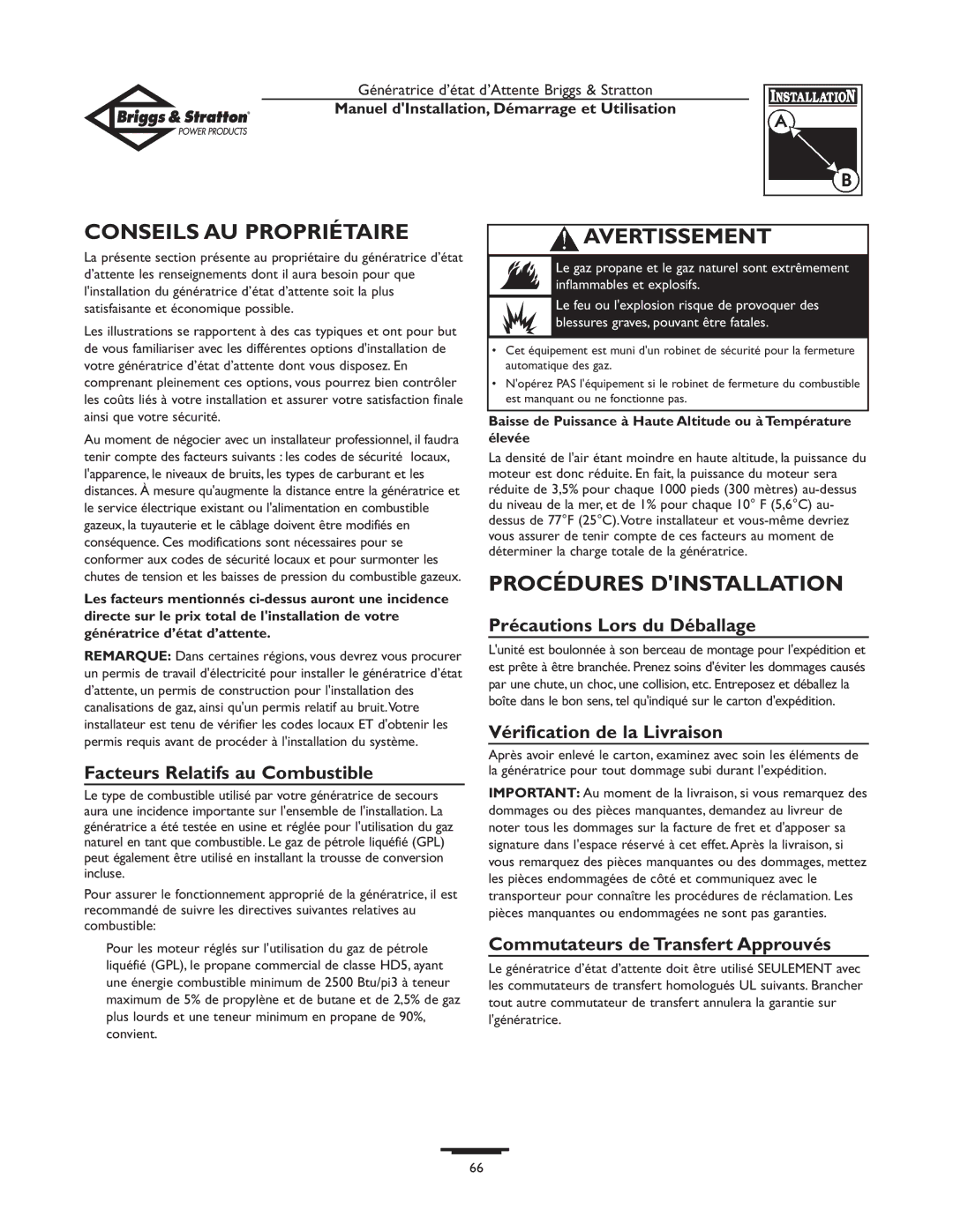 Briggs & Stratton 01897-0 manual Conseils AU Propriétaire, Procédures Dinstallation 