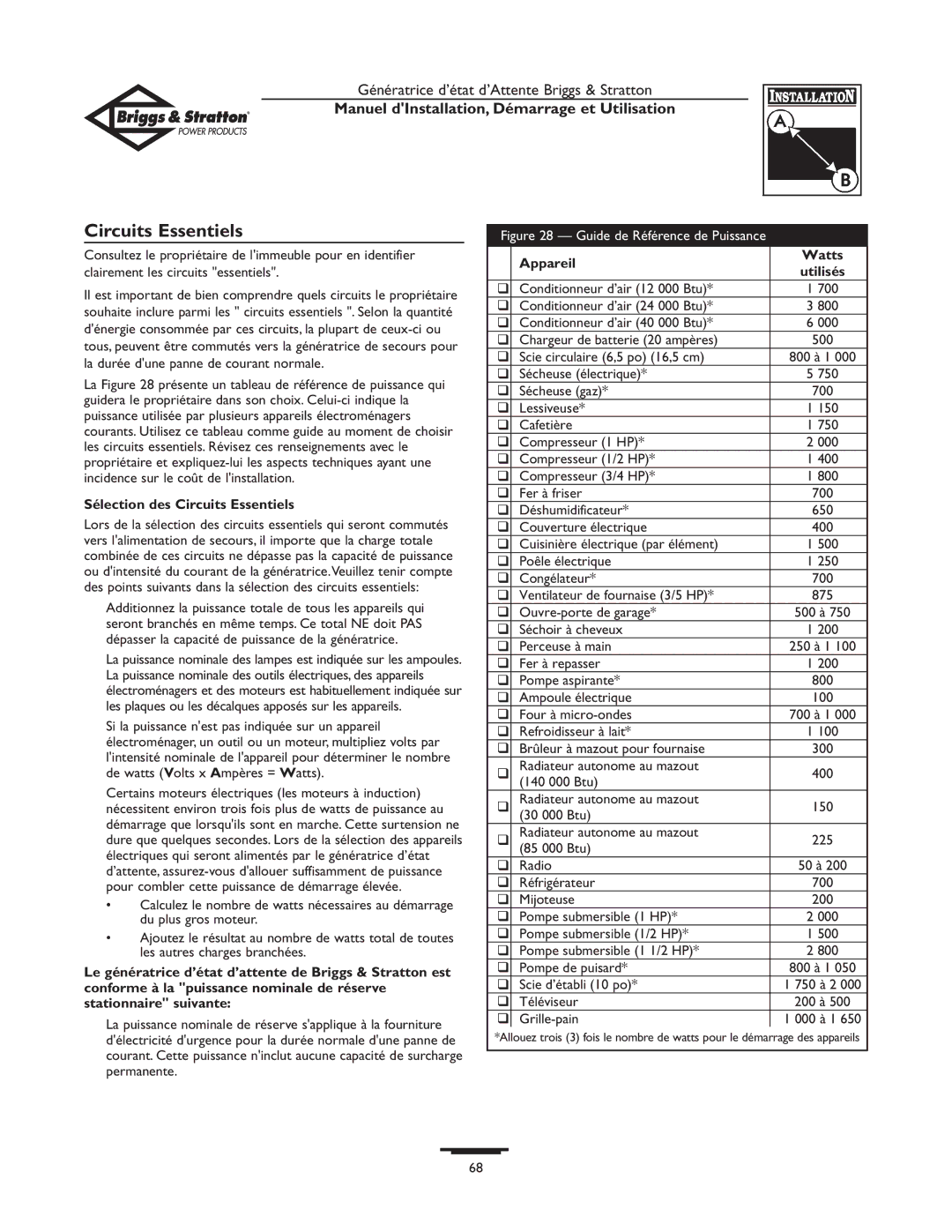 Briggs & Stratton 01897-0 manual Sélection des Circuits Essentiels, Appareil Watts 