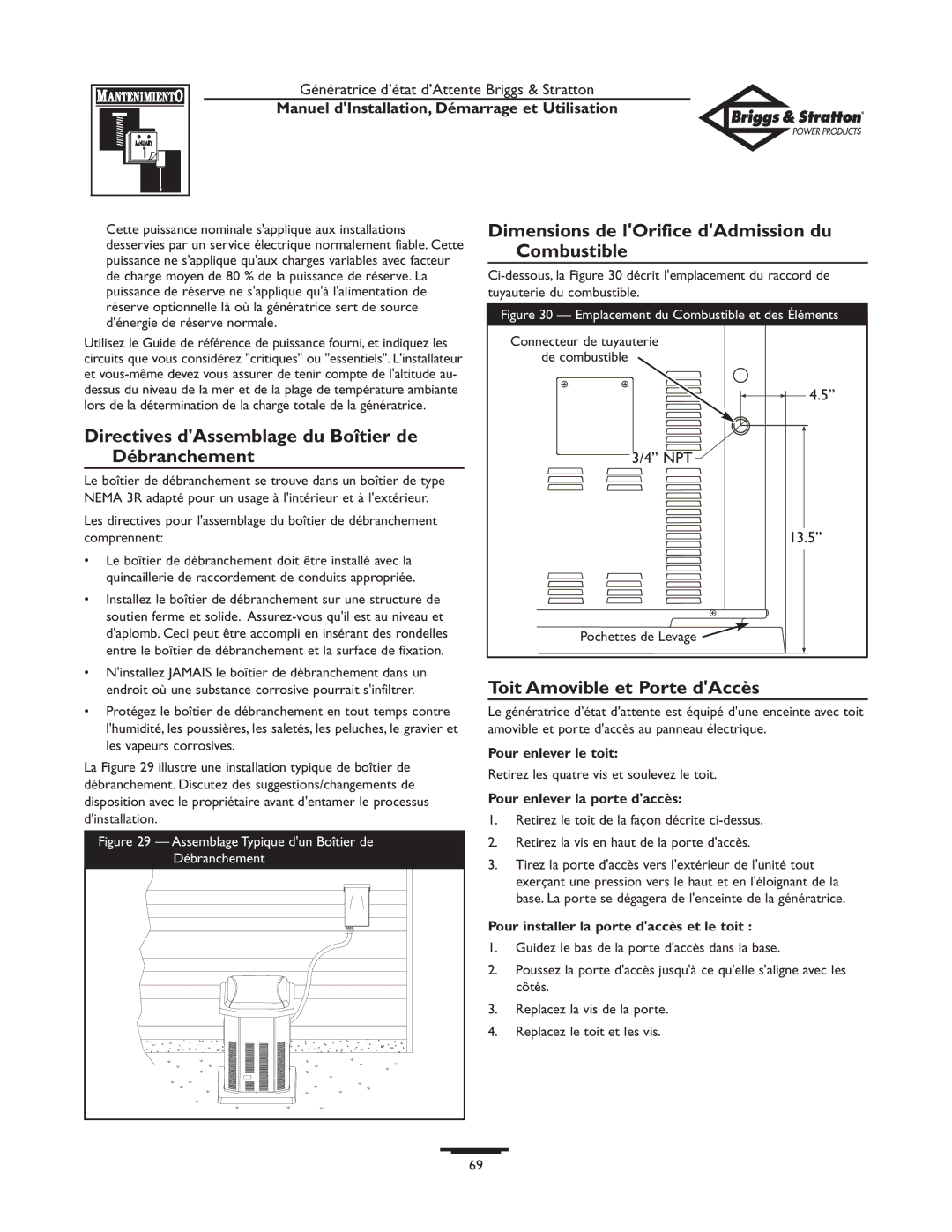 Briggs & Stratton 01897-0 manual Directives dAssemblage du Boîtier de Débranchement, Toit Amovible et Porte dAccès 