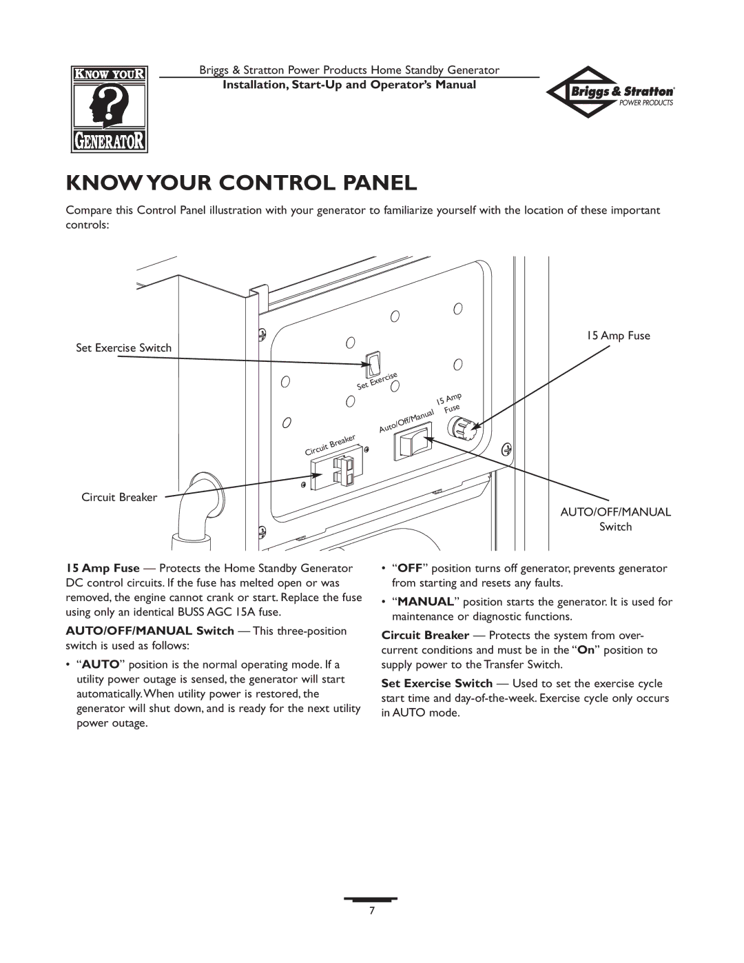 Briggs & Stratton 01897-0 manual Know Your Control Panel, Auto/Off/Manual 