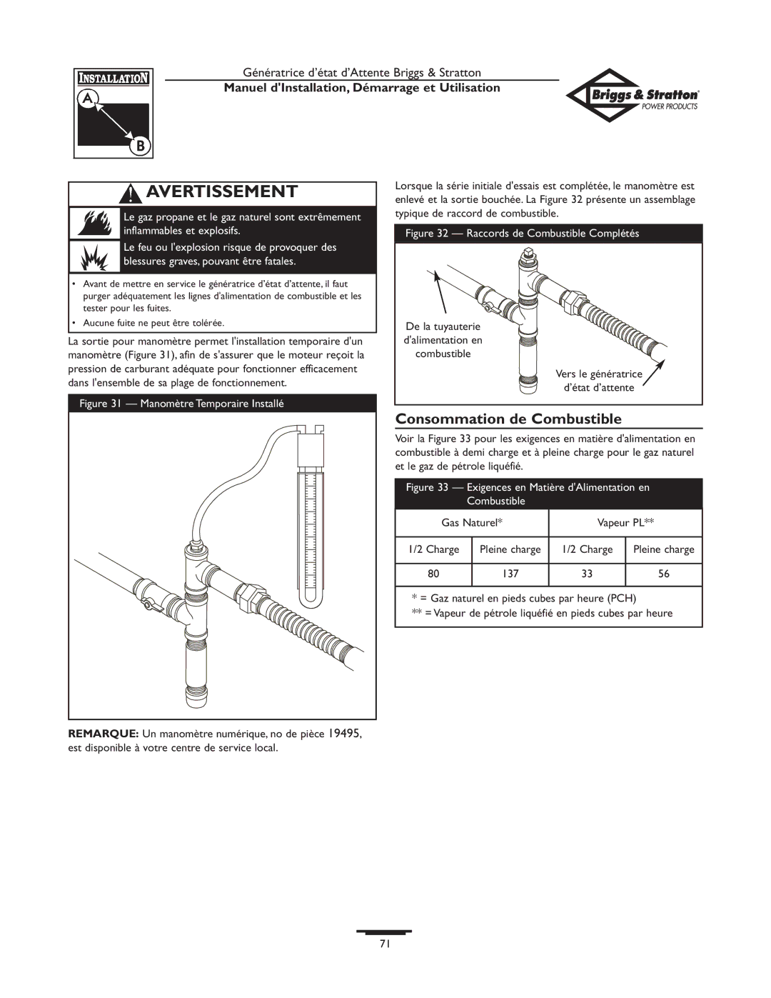 Briggs & Stratton 01897-0 manual Consommation de Combustible, Gas Naturel Vapeur PL 