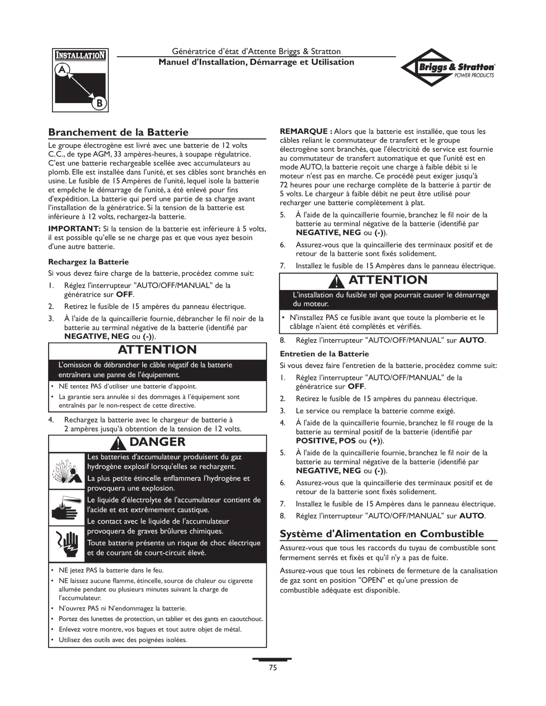 Briggs & Stratton 01897-0 manual Branchement de la Batterie, Système dAlimentation en Combustible, Rechargez la Batterie 