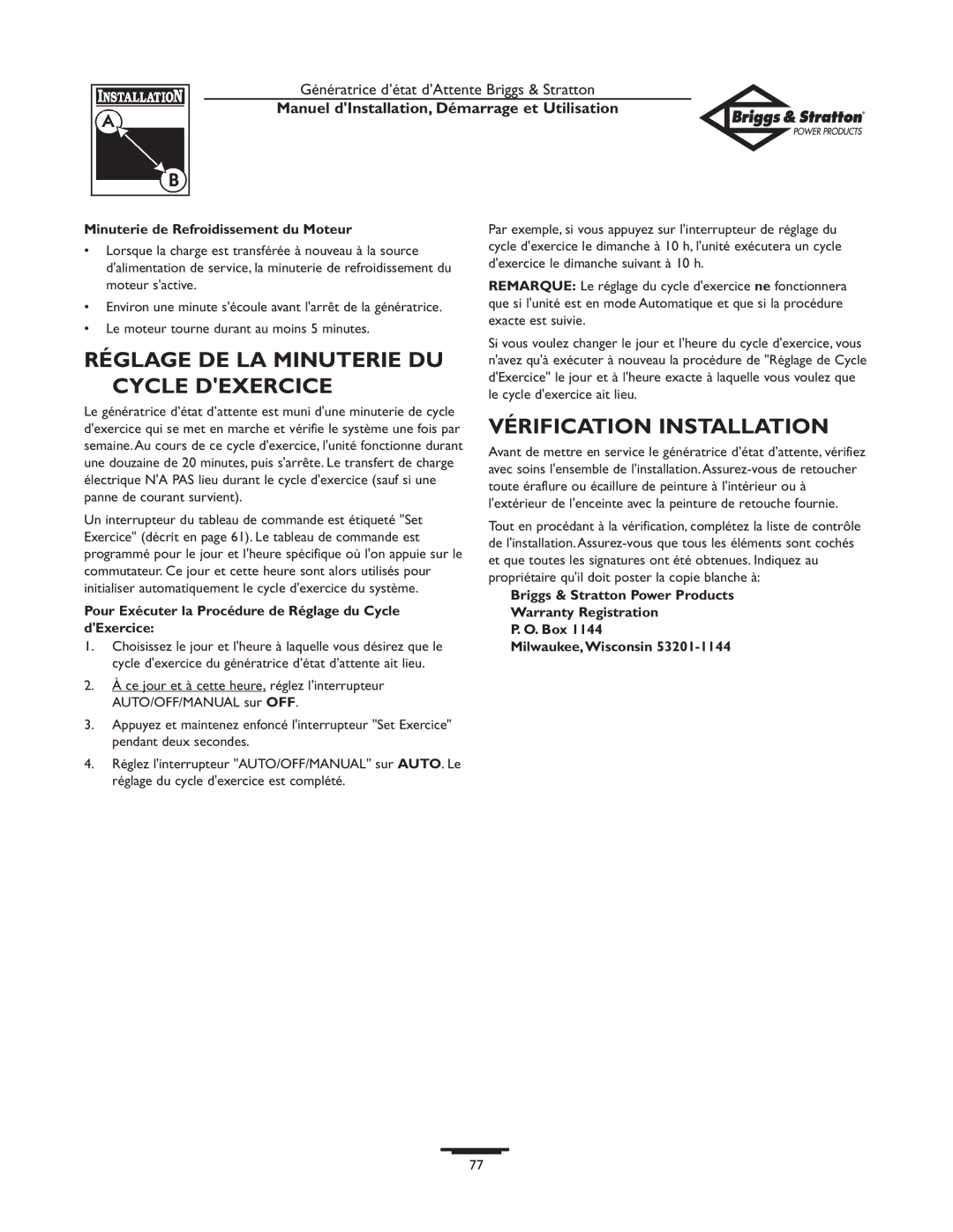 Briggs & Stratton 01897-0 manual Réglage DE LA Minuterie DU Cycle Dexercice, Vérification Installation 