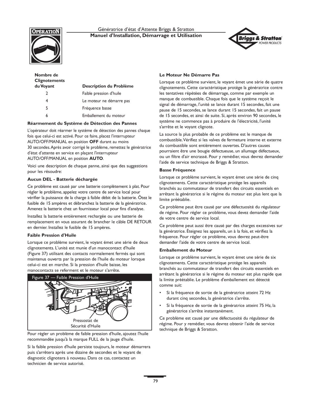 Briggs & Stratton 01897-0 Clignotements Du Voyant, Réarmement du Système de Détection des Pannes, Faible Pression dHuile 