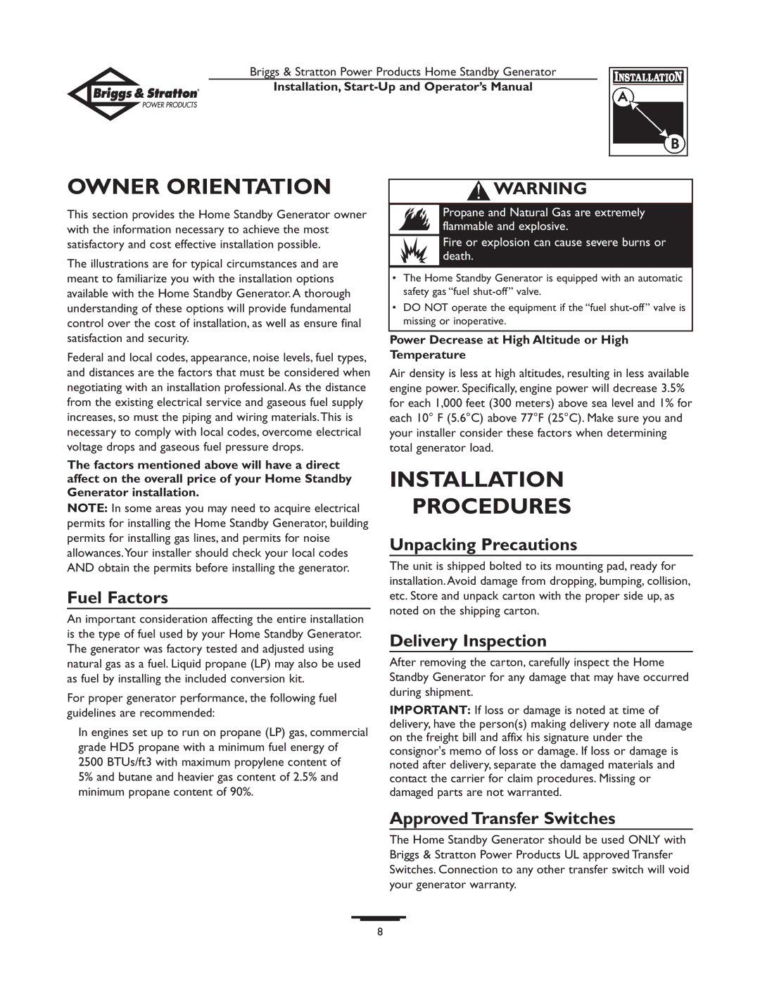 Briggs & Stratton 01897-0 manual Owner Orientation, Installation Procedures 