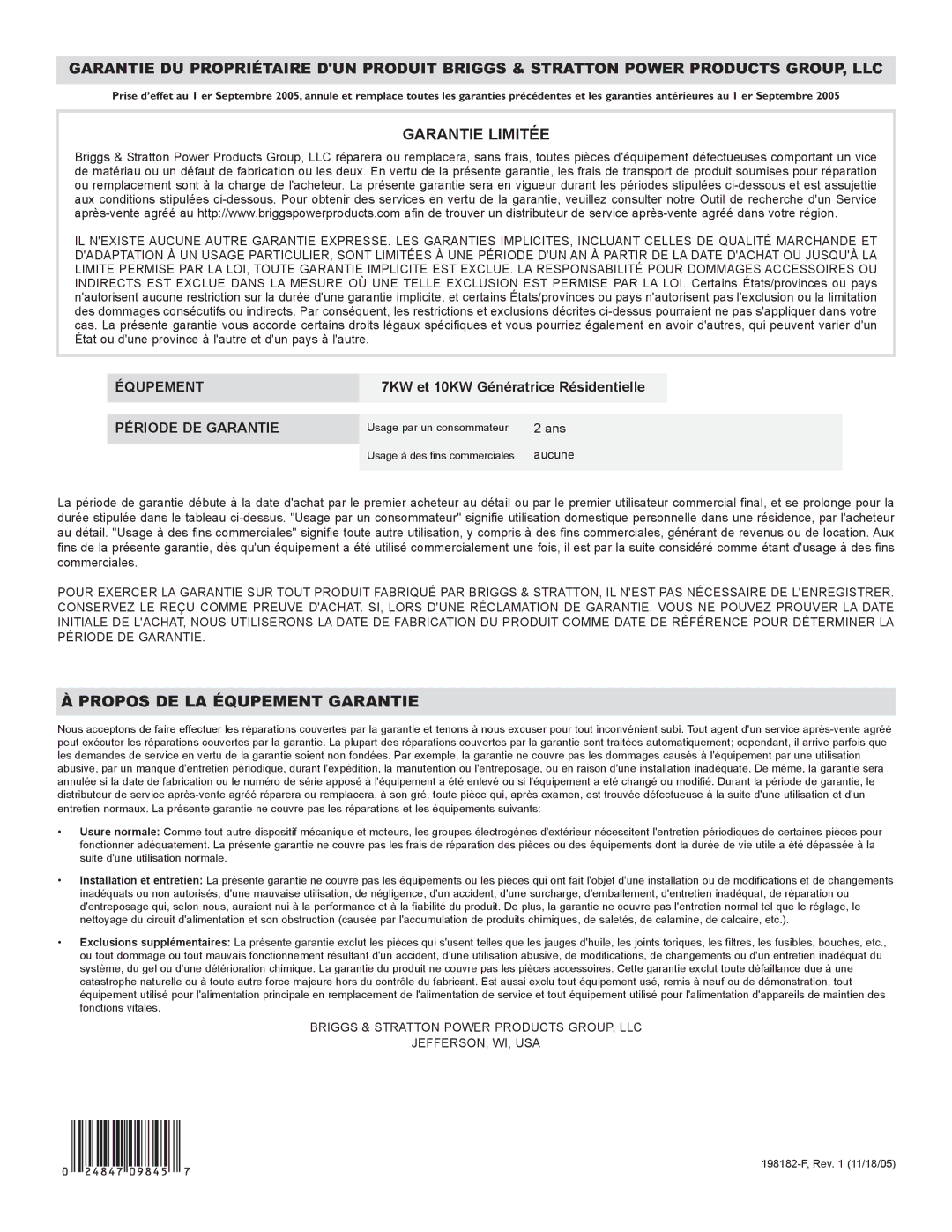 Briggs & Stratton 01897-0 manual Garantie Limitée, 7KW et 10KW Génératrice Résidentielle 