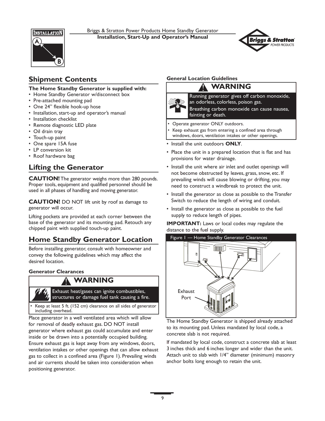 Briggs & Stratton 01897-0 manual Shipment Contents, Lifting the Generator, Home Standby Generator Location 