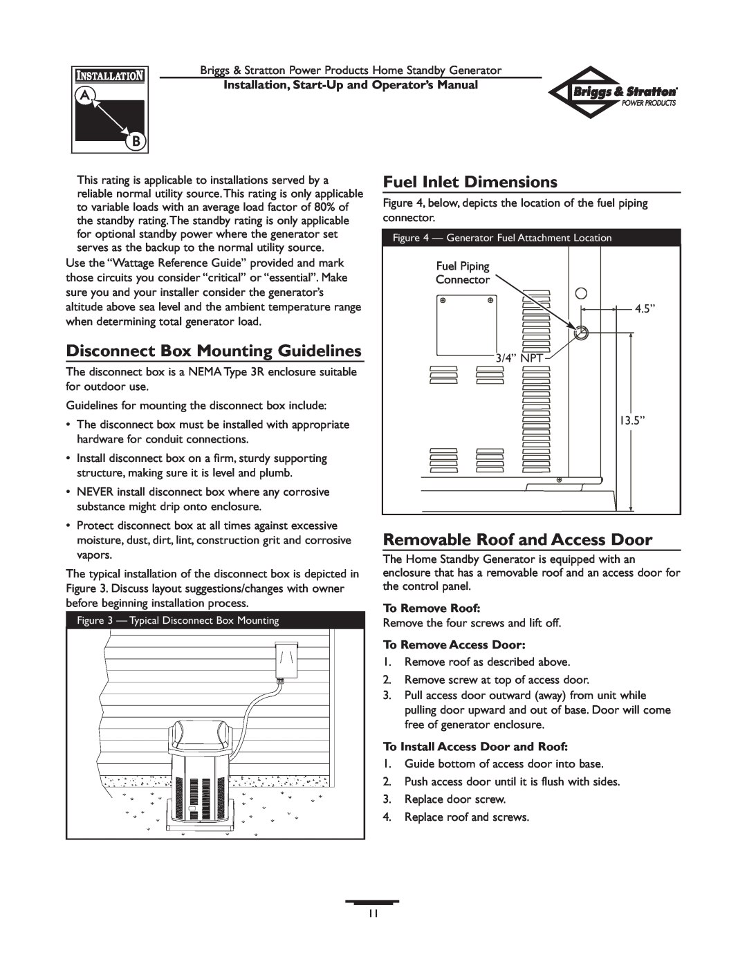 Briggs & Stratton 01897-0 manual Disconnect Box Mounting Guidelines, Fuel Inlet Dimensions, Removable Roof and Access Door 