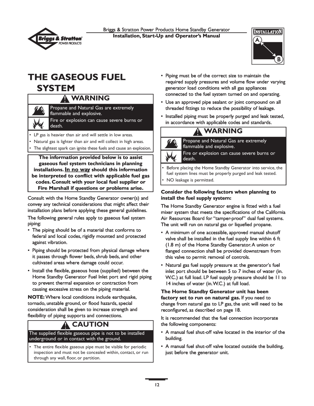 Briggs & Stratton 01897-0 manual The Gaseous Fuel System, Consider the following factors when planning to 