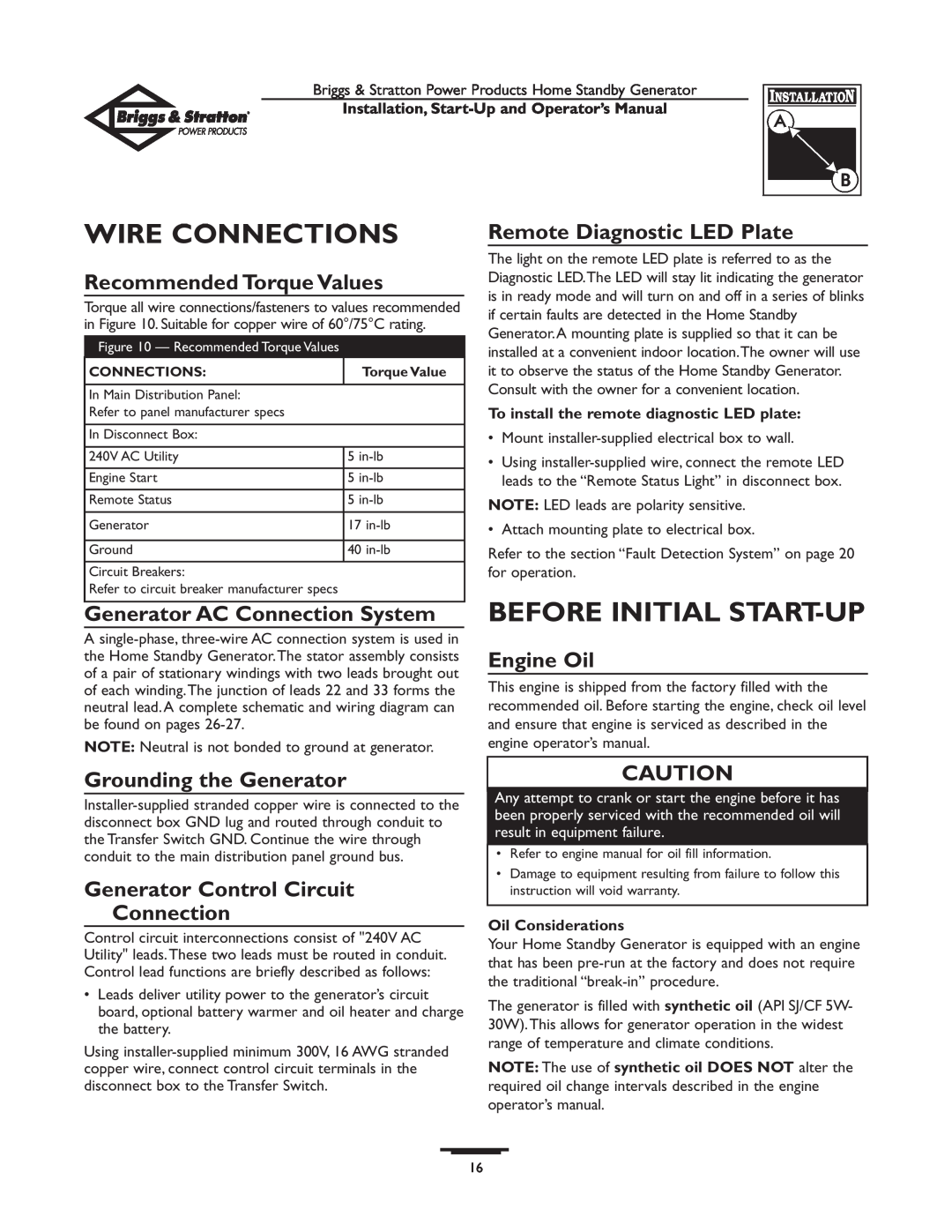 Briggs & Stratton 01897-0 manual Wire Connections, Before Initial Start-Up, Recommended Torque Values, Engine Oil 