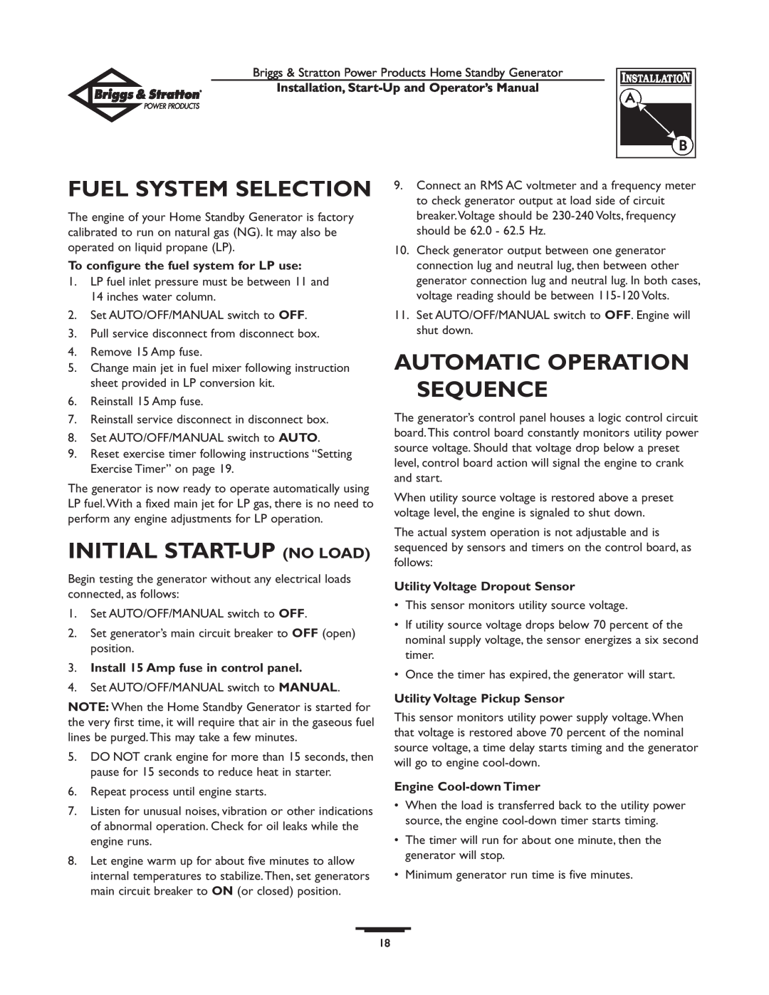 Briggs & Stratton 01897-0 manual Fuel System Selection, Automatic Operation Sequence, Initial Start-Up No Load 