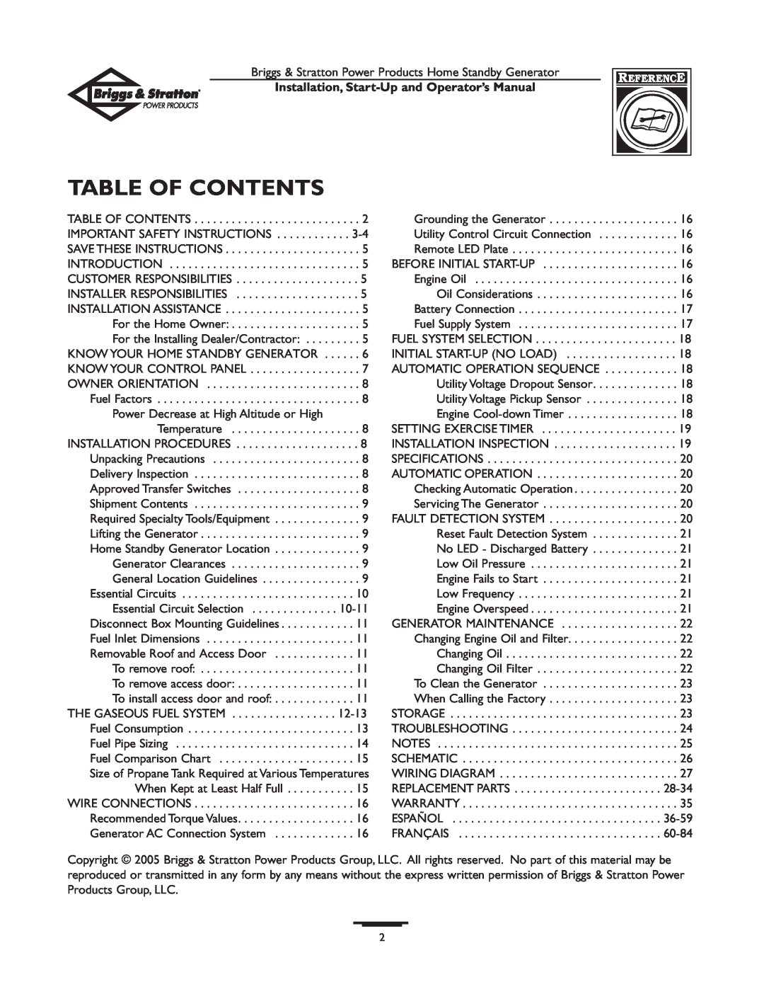 Briggs & Stratton 01897-0 manual Table Of Contents, Installation, Start-Up and Operator’s Manual 