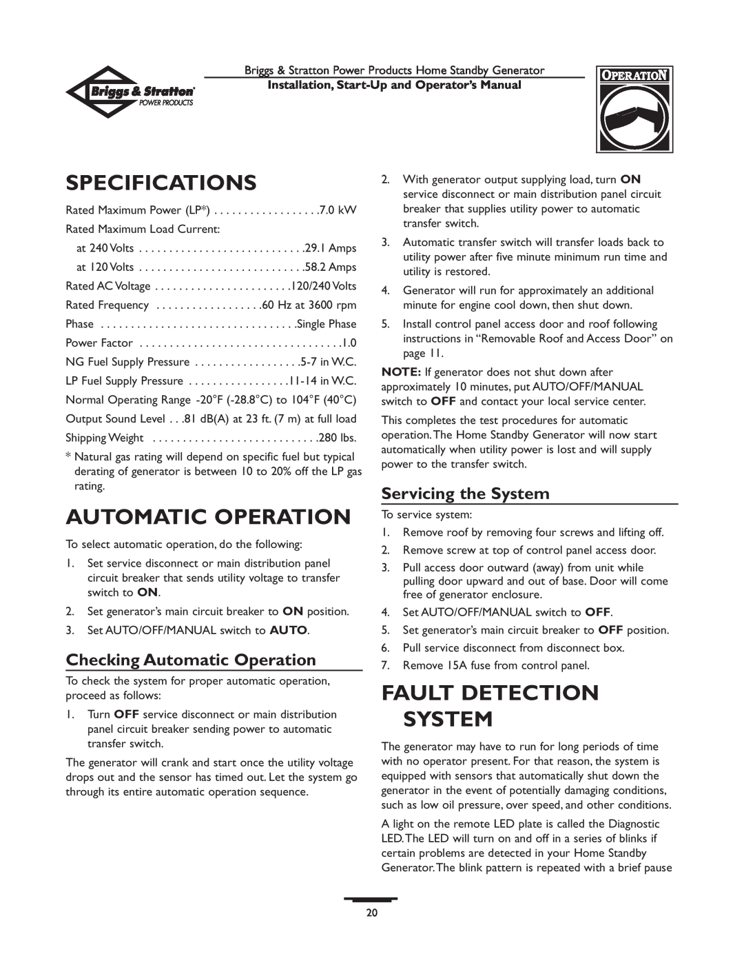 Briggs & Stratton 01897-0 manual Specifications, Automatic Operation, Fault Detection System, Servicing the System 