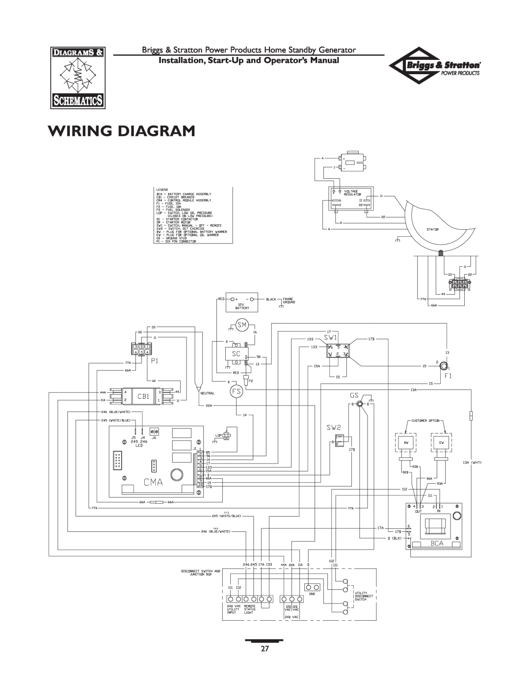 Briggs & Stratton 01897-0 manual Wiring Diagram, Installation, Start-Up and Operator’s Manual 