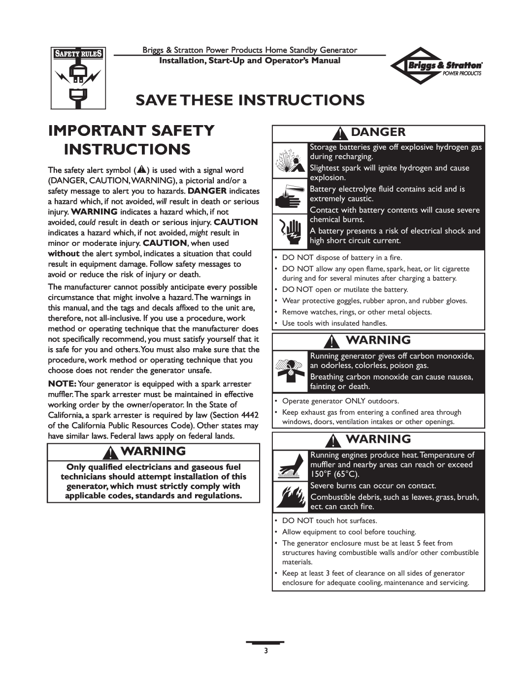 Briggs & Stratton 01897-0 manual Save These Instructions, Important Safety Instructions, Danger 