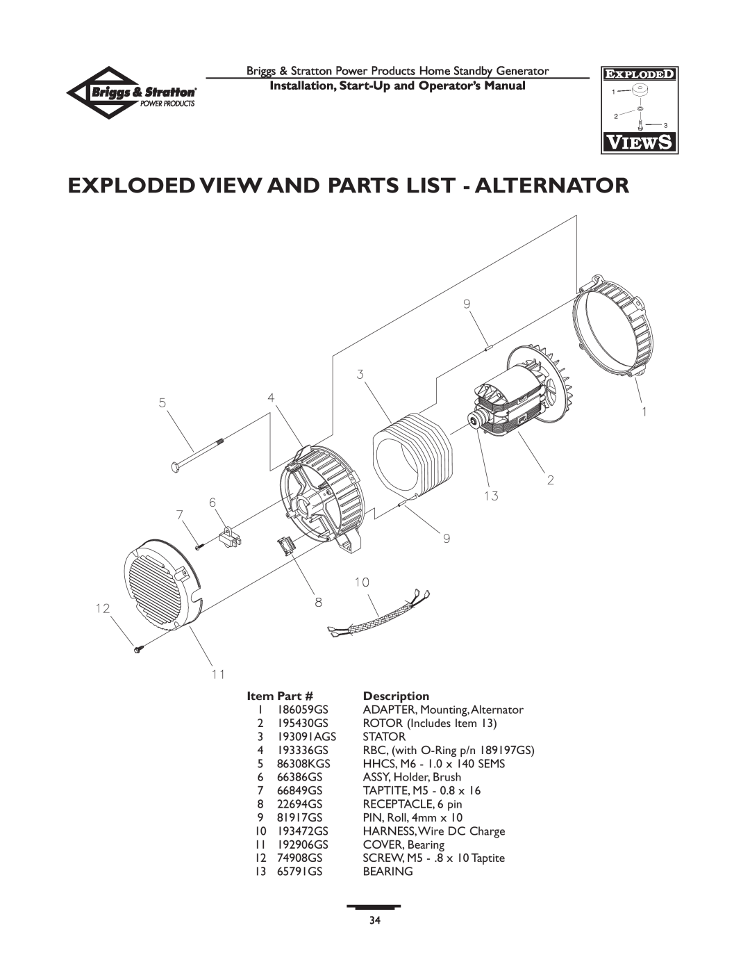 Briggs & Stratton 01897-0 manual Exploded View And Parts List - Alternator, Installation, Start-Up and Operator’s Manual 