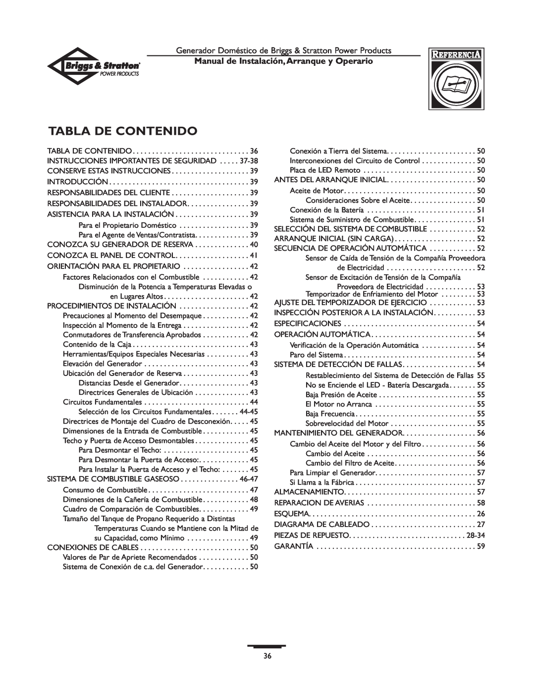 Briggs & Stratton 01897-0 manual Tabla De Contenido, Manual de Instalación,Arranque y Operario 