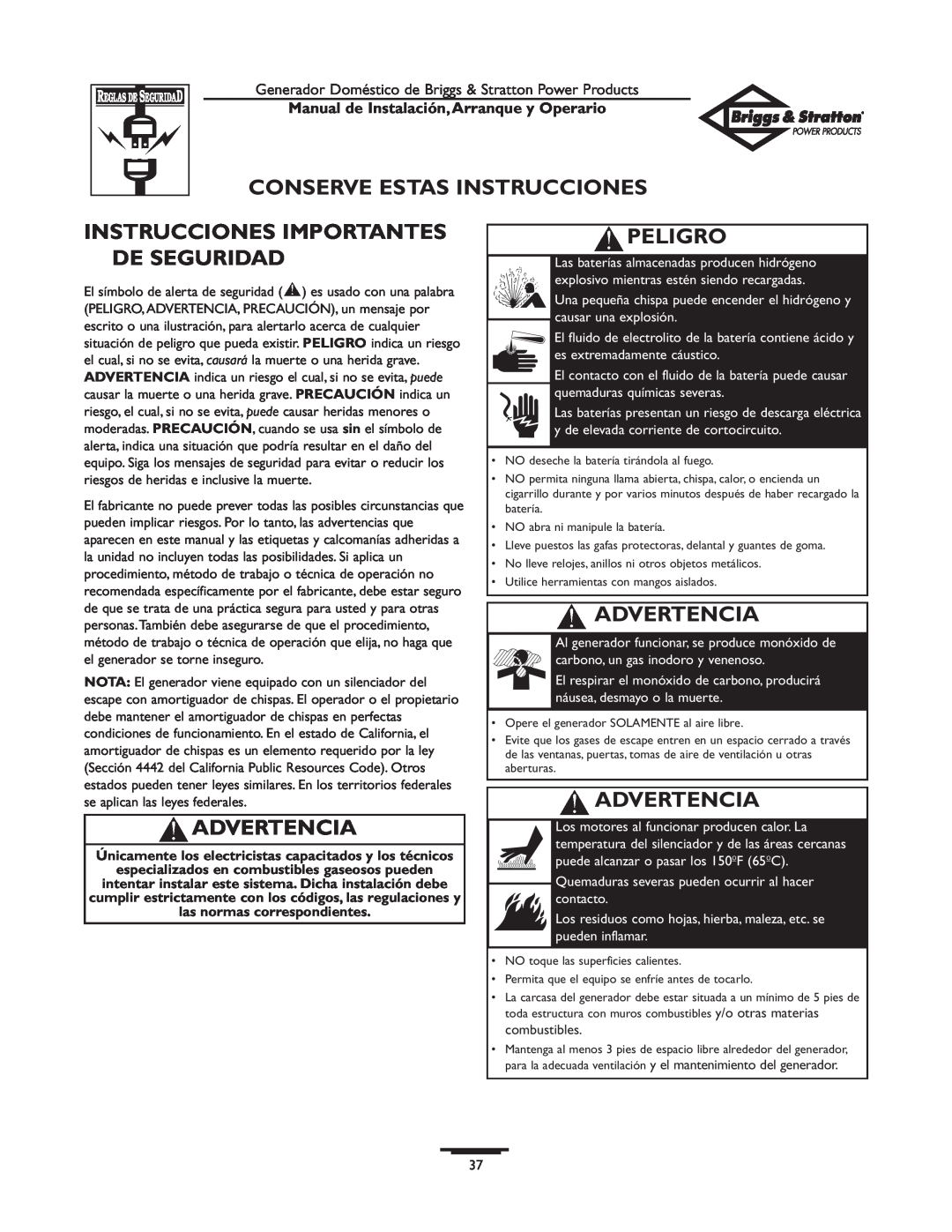 Briggs & Stratton 01897-0 manual Conserve Estas Instrucciones, Instrucciones Importantes De Seguridad, Advertencia, Peligro 