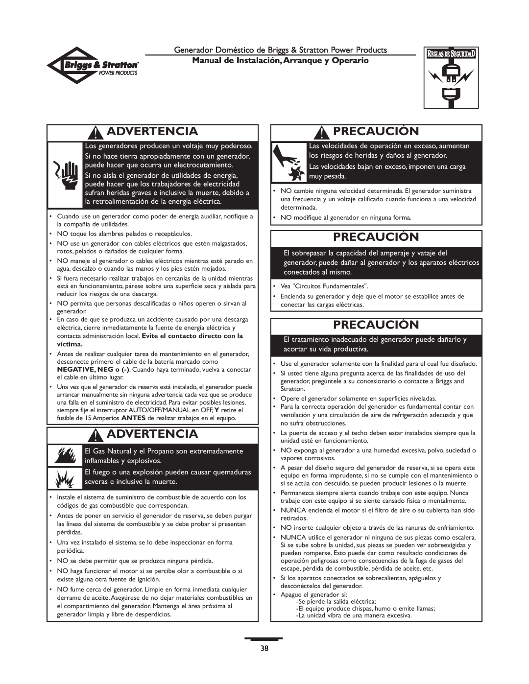 Briggs & Stratton 01897-0 manual Precaución, Advertencia, Manual de Instalación,Arranque y Operario 