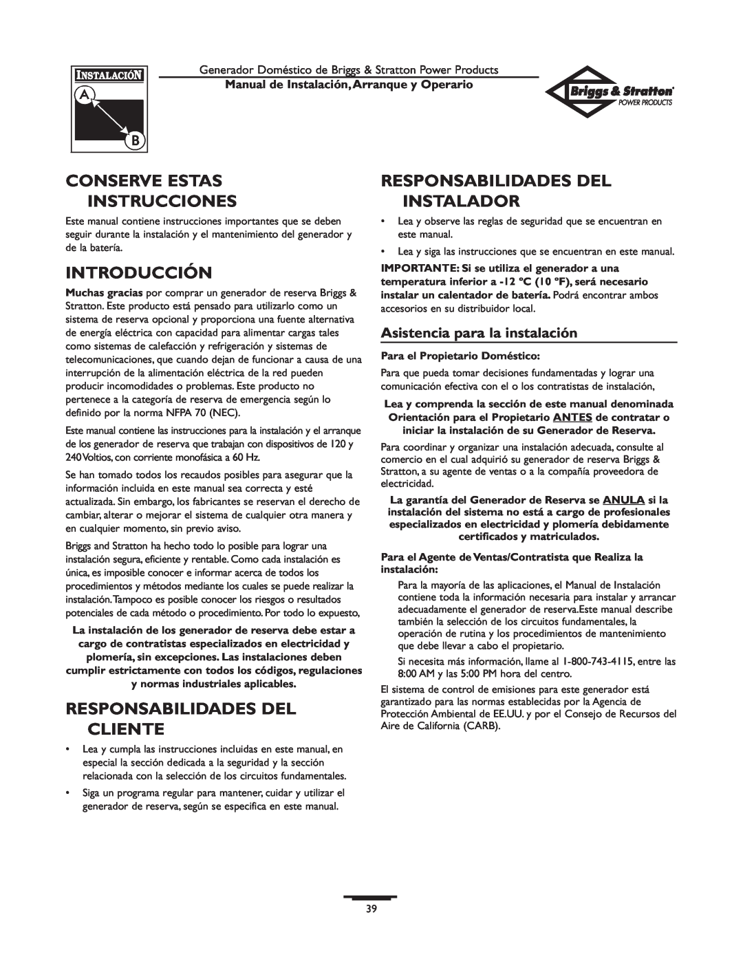 Briggs & Stratton 01897-0 manual Introducción, Responsabilidades Del Cliente, Responsabilidades Del Instalador 