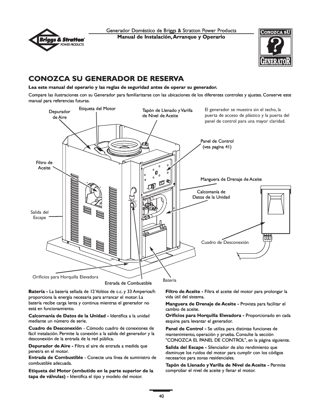 Briggs & Stratton 01897-0 manual Conozca Su Generador De Reserva, Manual de Instalación,Arranque y Operario 