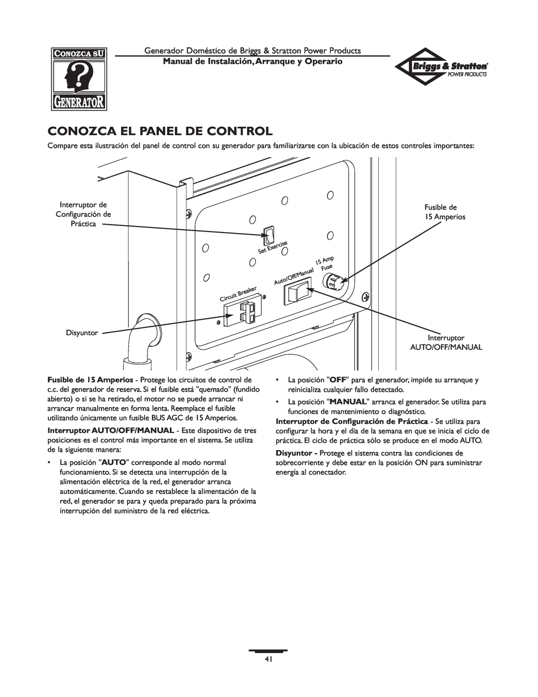 Briggs & Stratton 01897-0 manual Conozca El Panel De Control, Manual de Instalación,Arranque y Operario 
