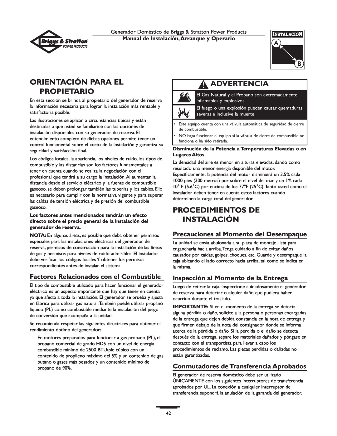 Briggs & Stratton 01897-0 manual Orientación Para El Propietario, Procedimientos De Instalación, Advertencia 