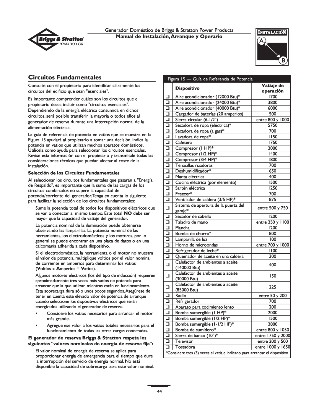 Briggs & Stratton 01897-0 Circuitos Fundamentales, Manual de Instalación,Arranque y Operario, Dispositivo, Vatiaje de 