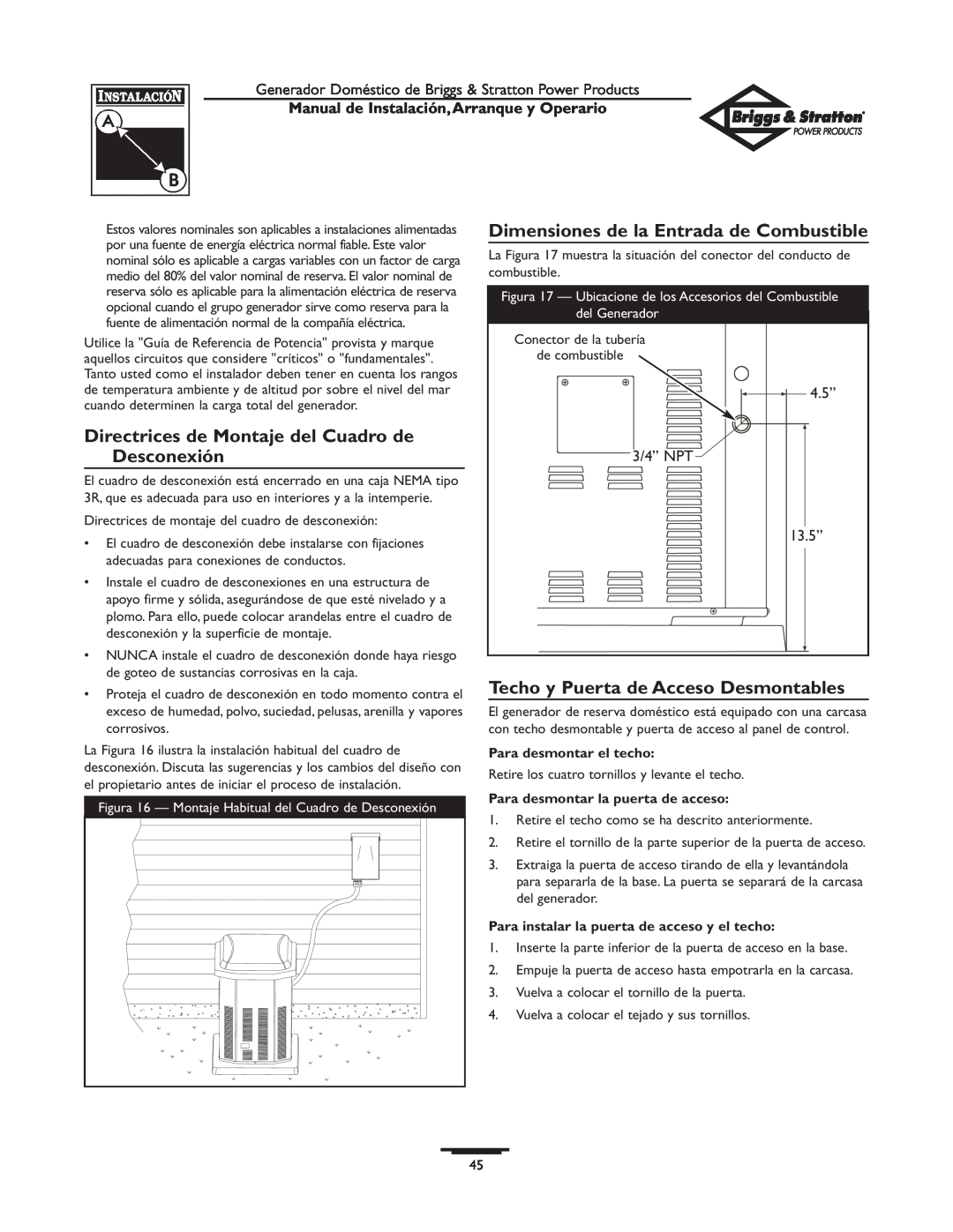 Briggs & Stratton 01897-0 manual Directrices de Montaje del Cuadro de Desconexión, Dimensiones de la Entrada de Combustible 