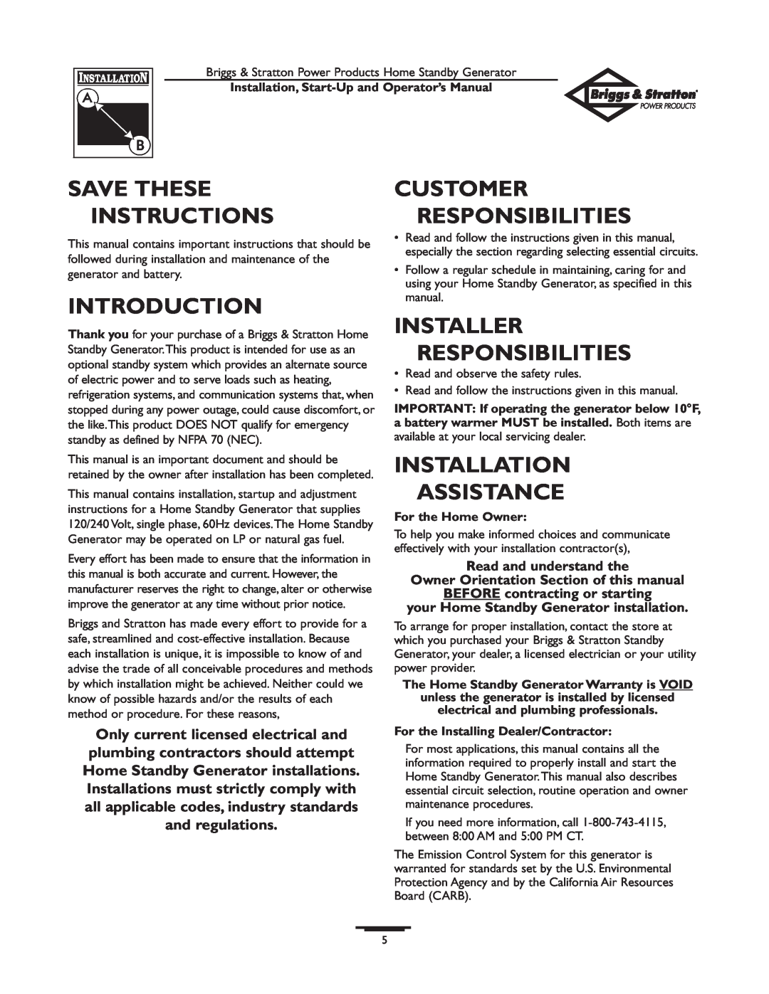 Briggs & Stratton 01897-0 manual Save These, Customer, Instructions, Introduction, Installer Responsibilities 