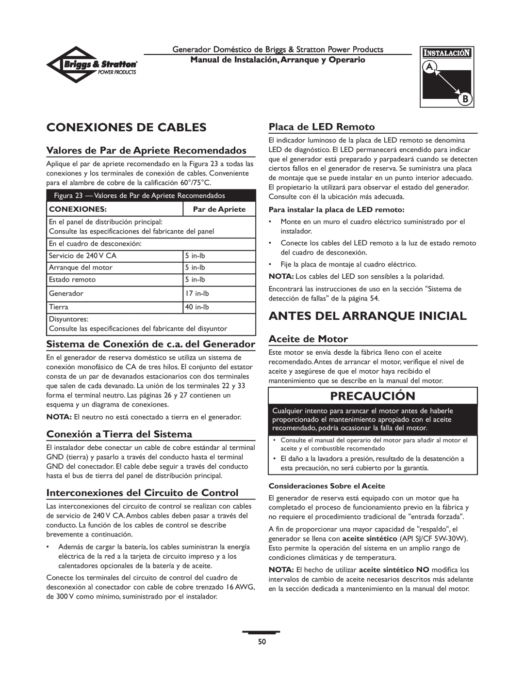 Briggs & Stratton 01897-0 manual Conexiones De Cables, Antes Del Arranque Inicial, Valores de Par de Apriete Recomendados 