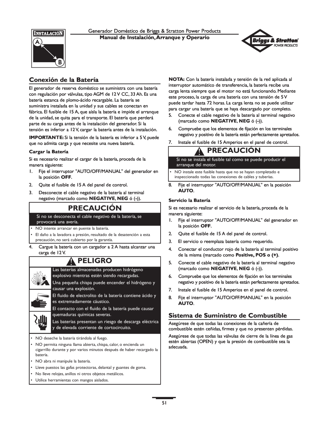 Briggs & Stratton 01897-0 manual Conexión de la Batería, Sistema de Suministro de Combustible, Precaución, Peligro 