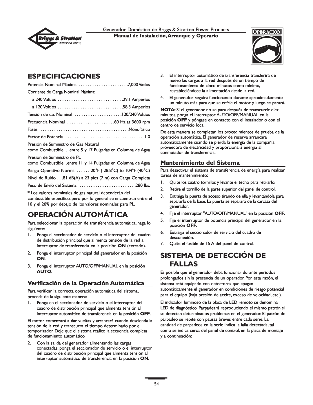 Briggs & Stratton 01897-0 manual Especificaciones, Operación Automática, Sistema De Detección De, Fallas 