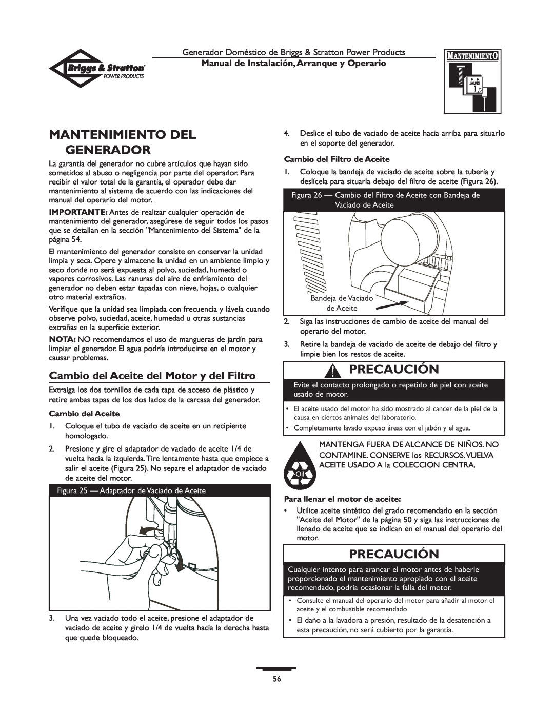 Briggs & Stratton 01897-0 manual Mantenimiento Del Generador, Cambio del Aceite del Motor y del Filtro, Precaución 